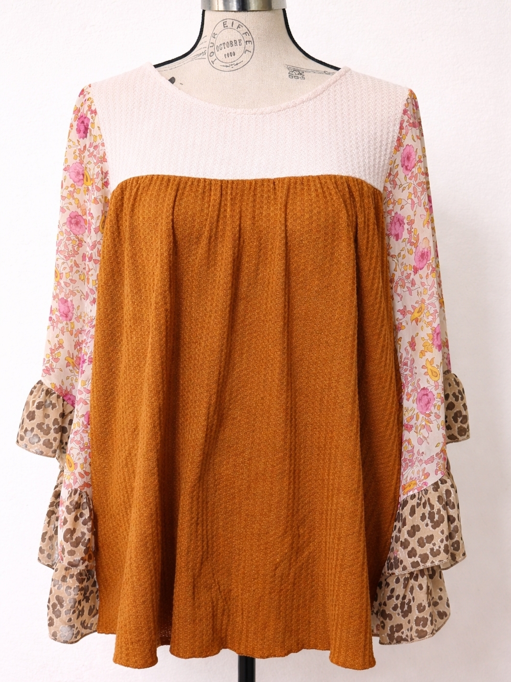 Umgee Mixed Print Boho Babydoll Top Floral Paisley Leopard Sleeve